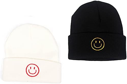 AJG Beanie Hats for Men,Unisex Smile Face Embroidered Acrylic Soft Warm Winter Cuffed Knit Hats for Women