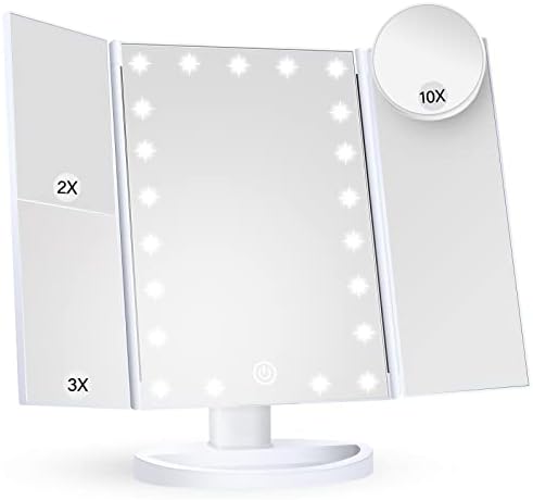 Makeup Mirror Vanity Mirror with Lights, 2X 3X 10X Magnification, Lighted Makeup Mirror, Touch Control, Trifold Makeup Mirror, Dual Power Supply, Portable LED Makeup Mirror, Women Gift (White)