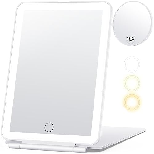 Rechargeable Makeup Mirror for Travel, Vanity Mirror Touch Dimming with 10X Magnifying Mirror, 3 Color Light 80Led, 2000mAh Battery, Portable Ultra Slim Folding Lighted Makeup Mirror, Travel Essential