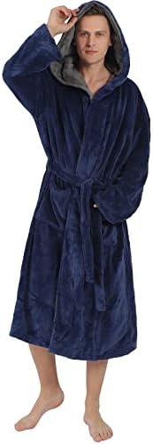 Seakanana Mens Large Hooded Long Bathrobe with Chest Button,Big Tall Fleece Housecoat Extra Lightweight and Warm