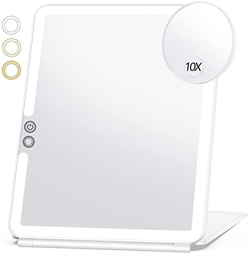 Large Makeup Mirror with Round 10X Magnifying Mirror, Travel Lighted Makeup Mirror, 3 Color Lighting, Rechargeable 2000mAh Batteries, Portable Ultra Slim Vanity Mirror, Travel Essential for Women