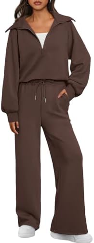 AUTOMET Womens 2 Piece Sweatsuits Loungewear Sets Quarter Zip Pullover Sweatshirts with Wide Leg Sweatpants