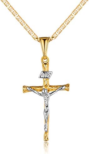 Barzel Cross Necklace for Women, Men, Boys, and Girls 18K Gold Plated Flat Mariner/Marina 060 3MM Chain Necklace With Cross Pendant.