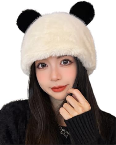 ANKOMINA Cute Faux Fur Furry Bear Ear Beanie Hats for Women Girls Winter Warm Plush Knitted Skull Caps Bucket Hats