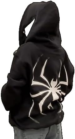 SOIIVRU Men’s and women’s high street retro loose hip hop punk black spider print hoodie pullover sweatshirt