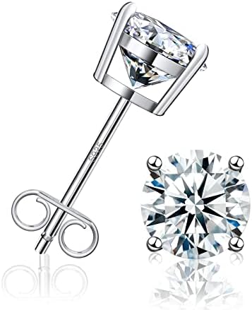 Stud Earrings for Women Men Girl, FCINOS 18K White Gold Plated S925 Sterling Silver 1/2/4 CT D Color VVS1 Clarity Round Cut Moissanite Lab Created Diamond Earrings Promise Birthday Christmas Gift