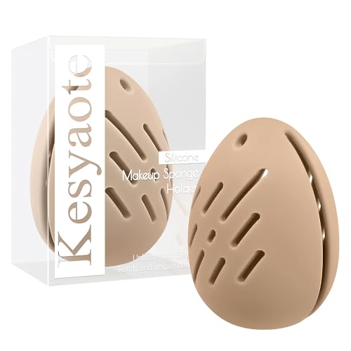 Kesyaote Travel Silicone Makeup Sponge Holder, Soft Egg Shaped Beauty Sponge Case for Beauty Blender Storage, Shatterproof, Breathable & Quick Drying (Khaki)