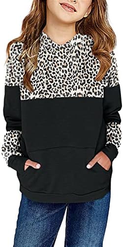 Haloumoning Kids Girls Fleece Pullover Hoodies Cute Leopard Printed Hooded Sweatshirts with Pockets 4-15 Years