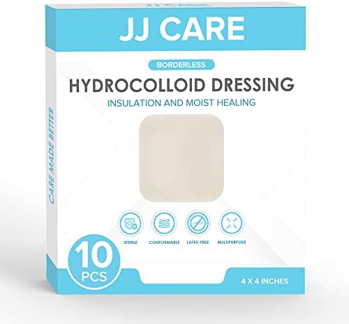 JJ CARE Hydrocolloid Dressing 4×4 [Pack 10], Large Hydrocolloid Bandages w/o Border, Self-Adhesive Thin Hydrocolloid Wound Dressing, Wound Care Bandages for Bedsores and Blisters