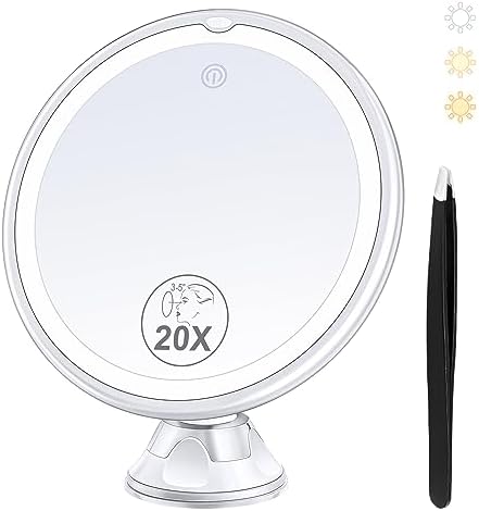 B Beauty Planet 2023 Upgraded Magnifying Mirror with Light, 20X Lighted Magnifying Mirror with Suction Cup and Tweezers, 3 Colors Vanity Mirror, 360 Rotation, Makeup Mirror with Lights 8 Inches