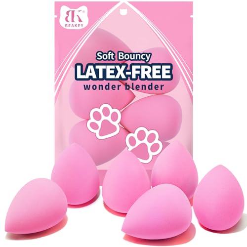 BEAKEY Super Soft Makeup Sponge Set, Latex Free and High-definition Set of 6 Blender Beauty Sponge for Liquid, Cream and Powder, Pink Makeup Gifts