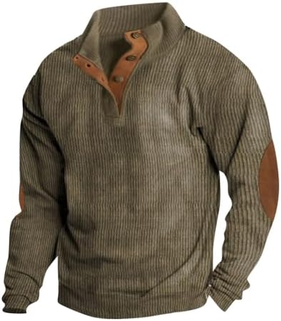 Mens Henley Shirt Vintage Button Up Pullover Long Sleeve Corduroy Sweatshirt Mock Neck Tops with Elbow Patches