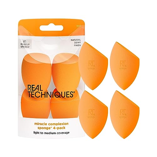 Real Techniques Miracle Complexion Sponge, Makeup Blending Sponge, For Foundation, Offers Light To Medium Coverage, Natural, Dewy Makeup, Orange Sponge, Packaging May Vary, 4 Count