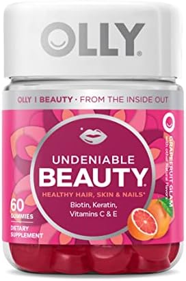 OLLY Undeniable Beauty Gummy, For Hair, Skin, Nails, Biotin, Vitamin C, Keratin, Chewable Supplement, Grapefruit, 30 Day Supply – 60 Count