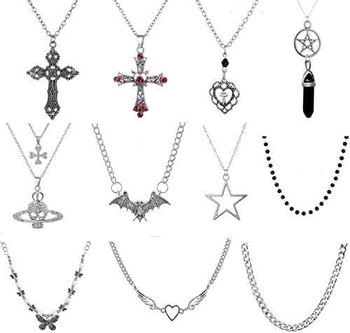 11Pcs Punk Vintage Necklace Set Goth Grunge Saturn Star Indie Butterfly Boho Crystal Y2k Cross Pendent Heart Wing Statement Choker for Women Men