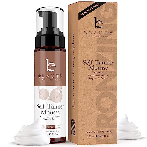 Beauty by Earth Self Tanner Mousse – Medium to Dark Gradual Self Tanner Foam, Sunless Tanner, Natural Self Tanner Mousse, Tanning Foam Self Tanner