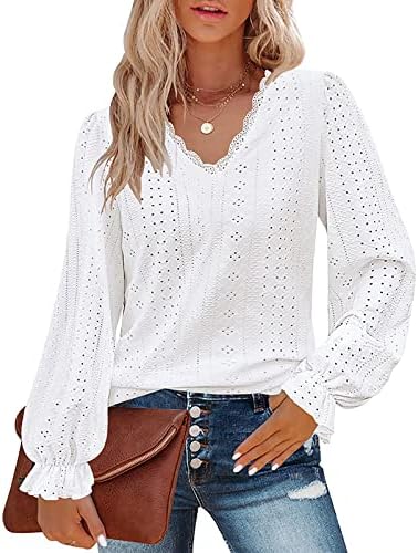 Misyula Womens Lace V Neck Puff Long Sleeve Eyelet Tops Dressy Business Casual Work Shirts Blouse S-XXL