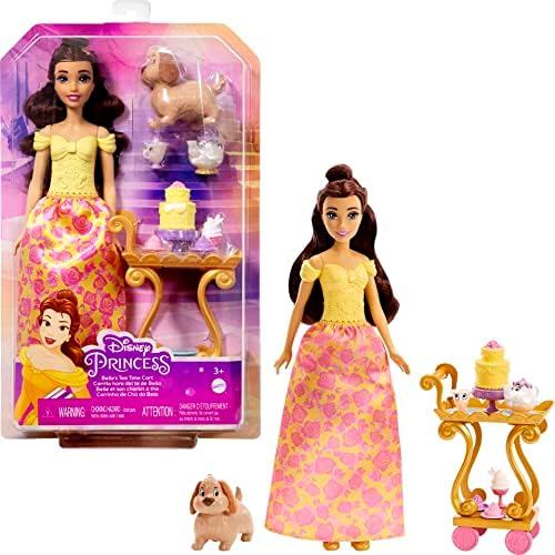 Mattel Disney Princess Toys, Belle Doll with Shiny Clothing, Tea Cart, Friends and Food Pieces, Tea Time Cart Playset, Inspired by Mattel Disney Movie