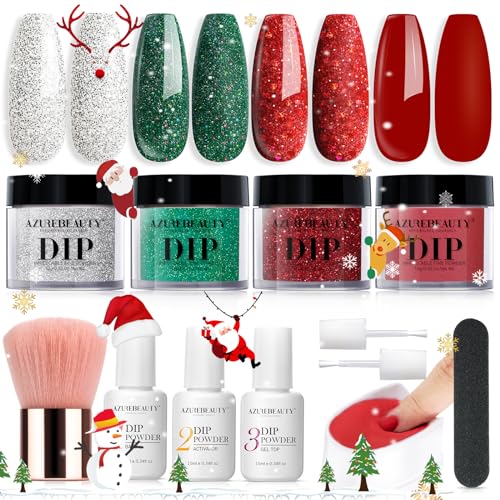 AZUREBEAUTY Christmas Dip Powder Nail Kit, Green Red Glitter Silver 12 Pcs Acrylic Dip Powder Liquid Set with Base/Top Coat Activator for French Nail Art Manicure Home Holiday Gifts Set