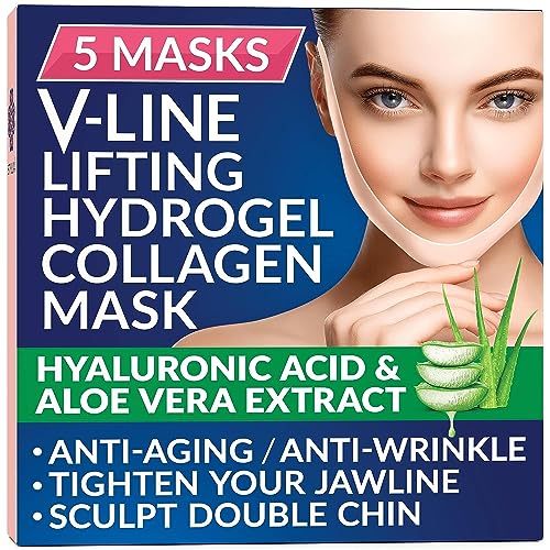 Stylia 5 Piece Double Chin Tightener – V Line Shaping Face Masks – Toning Hydrogel Collagen Mask with Hyaluronic Acid & Aloe Vera – Anti-Aging and Anti-Wrinkle Band