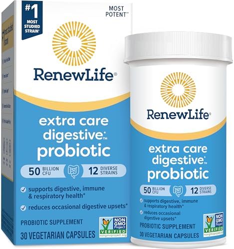 Renew Life Extra Care Digestive Probiotic Capsules, 50 Billion CFU Guaranteed, Daily Supplement Supports Immune, Digestive and Respiratory Health, L. Rhamnosus GG, Dairy, Soy and gluten-free, 30 Count