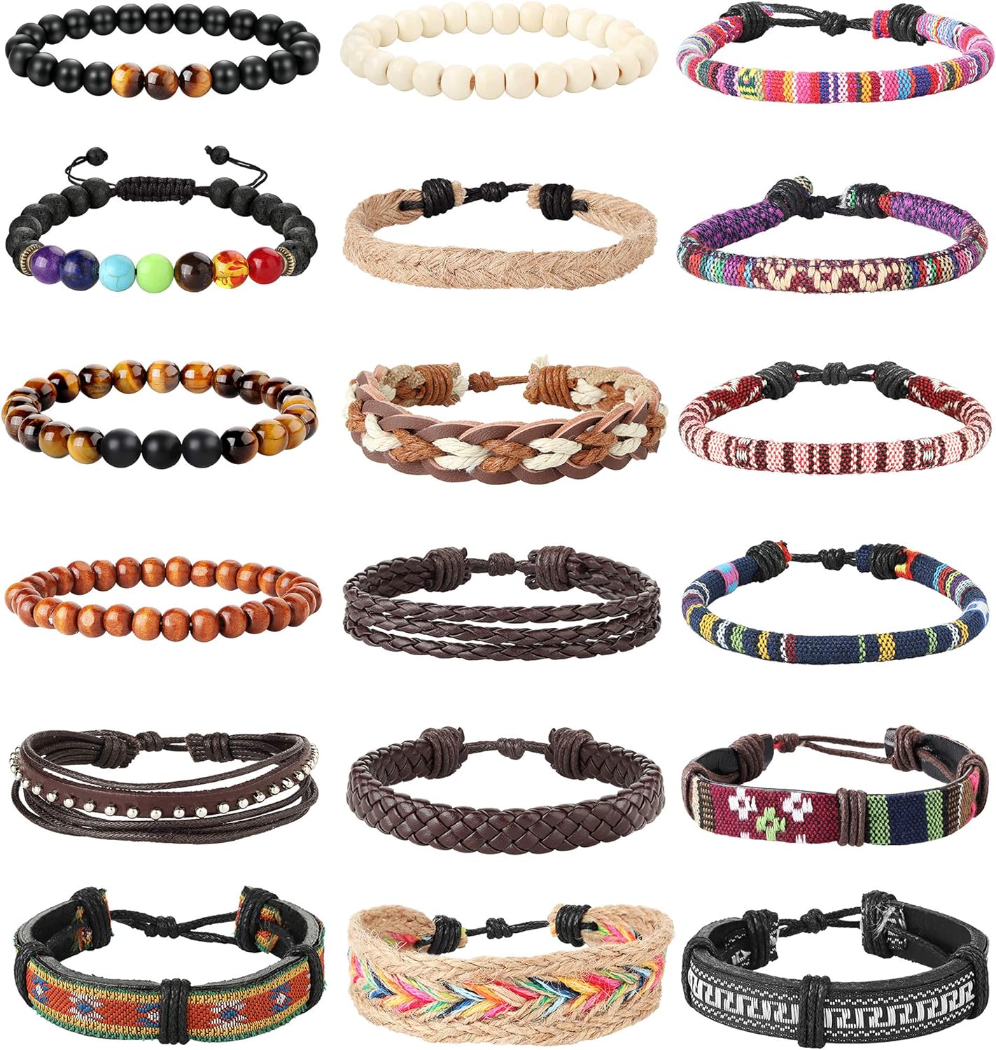 LOLIAS 18Pcs Leather Chakra Bead Tribal Bracelet for Men Women Charm Ethnic Wood Beaded Hemp Bracelets Boho Wristbands